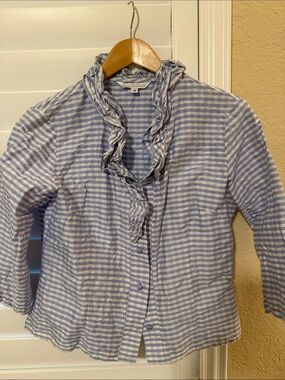 Connie Roberson Blue & White Striped Ruffle Collar Blouse